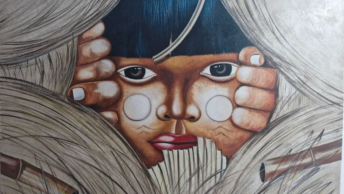 Quadro Pintura a óleo"Curumim na Oca." Para decoração de alto padrão