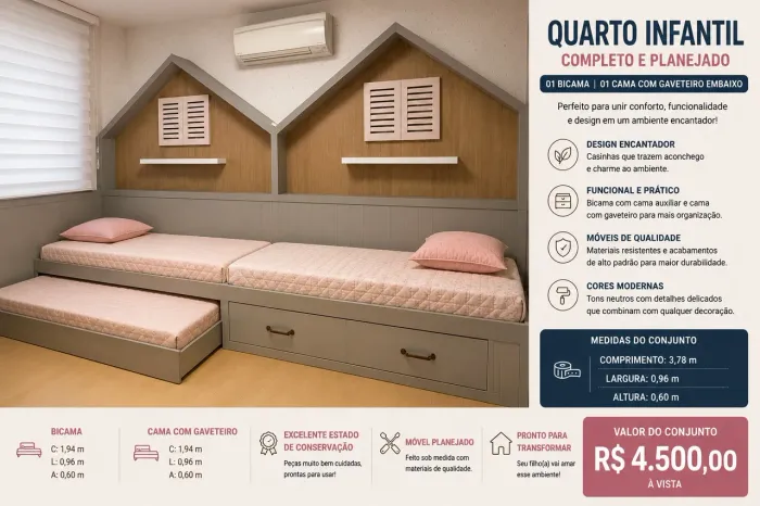 Quarto de criança com 03 camas e gaveteiro.