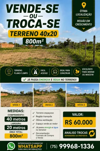 Terreno 800m² (40x20) à Venda ou Troca - Ótima Localização
