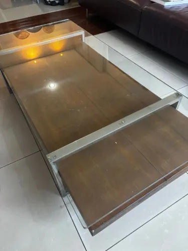Mesa De Centro Retangular Para Sala Madeira Demolição tampo vidro