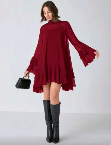 Vestido Vermelho Elegante Manga Longa com Babados Moda Feminina