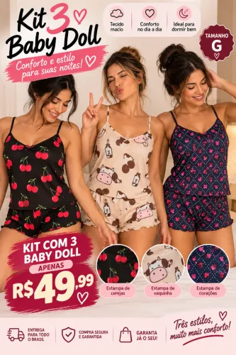 Kit 3 Baby Doll Feminino - Tamanho G | 3 Estampas | R$ 49,99