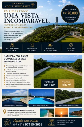 ? Terreno Vista Mar em Condomínio Fechado | Coqueirinho Privê | 416 m² | R$ 170 mil