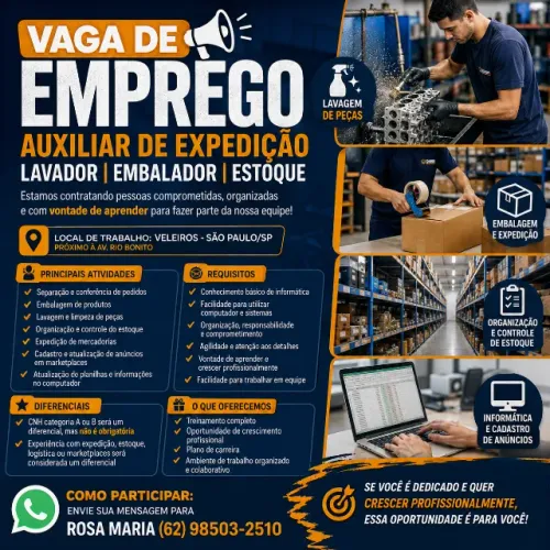 AUXILIAR DE EXPEDIÇÃO | LAVADOR DE PEÇAS | EMBALADOR | ESTOQUE
