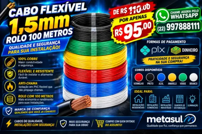Cabo flexivel 1,5 mm rolo de 100 metros NÃO RESERVO ( Contato apenas Whatsapp ) novo