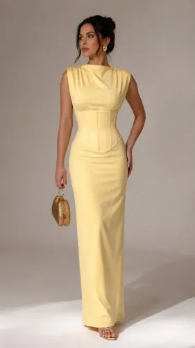 Vestido longo amarelo manteiga