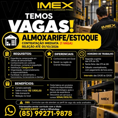 Vaga para Almoxarife c/ experiência