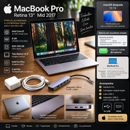 MacBook Pro Retina 13" 2017 i5 8GB 256GB SSD + Carregador + Hub USB-C