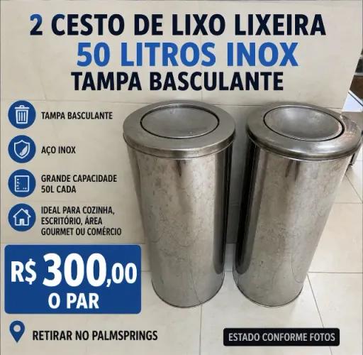 Cesto De Lixo Lixeira 50 Litros Inox Tampa Basculante Vai e Vem