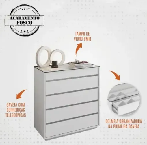 Comoda Tampo De Vidro 5 Gavetas 010059 Branco Dcasa USADA Maquiagem Camarim