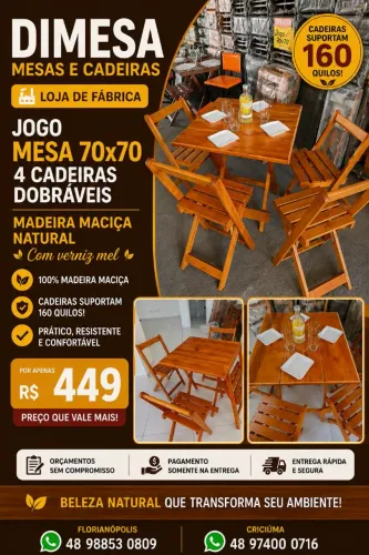Mesa 70x70 + 4 cadeiras dobráveis madeira maciça verniz mel