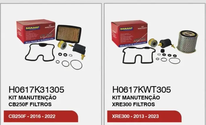 kit manutenção e filtros XRE 300 E CB250F