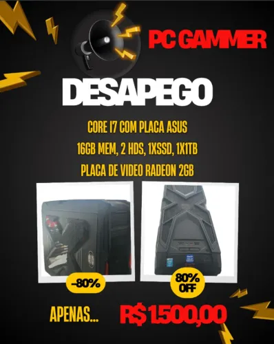 PC GAMER CORE i7 - HD SSD + HD 1 TB, Placa de Video Radeon 2G, Gabinete Black Gammer