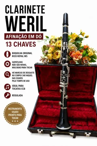 Clarinete Weril Dó 13 chaves regulada + estojo Boquilha Rico Royal sapatilhas boas