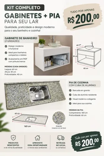 Gabinetes de banheiro e pia de cozinha