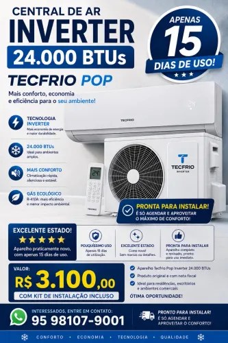 Vende-se central de ar inverter da tecfrio, modelo pop, 24.000 BTUs, 15 dias de uso