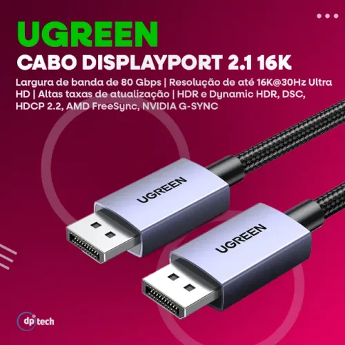 Cabo DisplayPort 2.1 UGREEN | 16K@30Hz - 8K@120Hz | 2 metros | 80Gbps -Entrega Grátis-