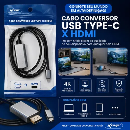 Cabo USB-C para HDMI 4K Knup | Novo | Entrega Imediata