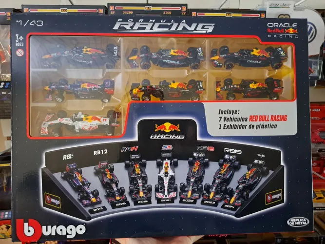 Pack Com 7 Carros F1 Red Bull Bburago Metal 1:43 + Expositor em Plástico Novo e Lacrado