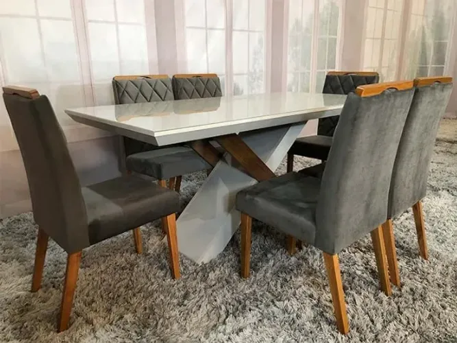 Mesa de Jantar Completa com Tampo de Vidro e 8 Cadeiras