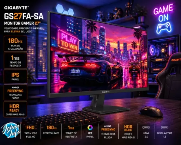 Monitor Gamer Gigabyte 27 Full HD, IPS, 180Hz, 1ms, 100% sRGB, FreeSync