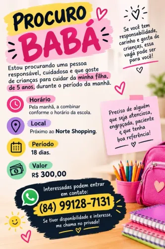 Procuro Babá para cuidar de criança de 5 anos - 18 dias
