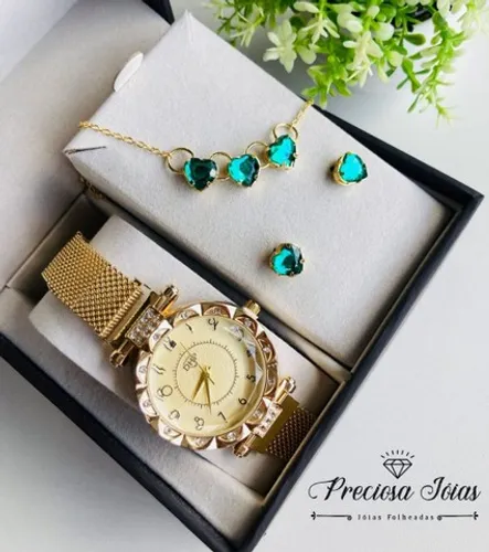 Kit feminino relógio resistente a água + colar e Brincos folheados presente para seu amor