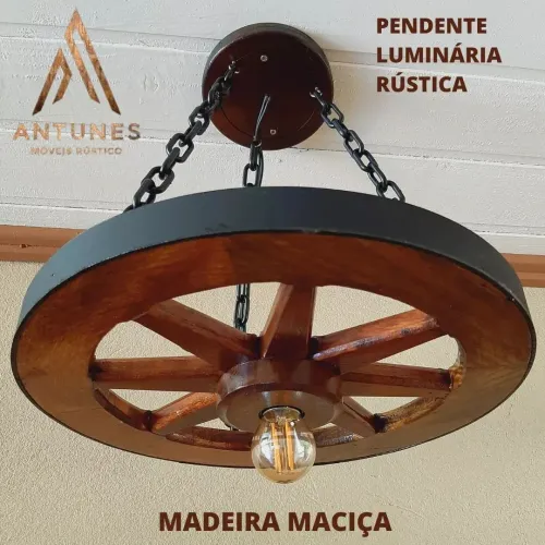 Luminária Pendente Madeira Roda De Carroça 35cm P/1 Lampada