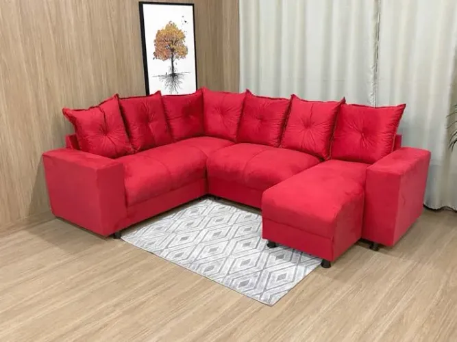 Sofá de Canto 5 Lugares com Chaise Suede Vermelho
