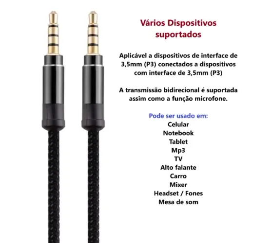 Cabo Auxiliar P3 X P3 1,5m Estéreo Hifi 3,5mm