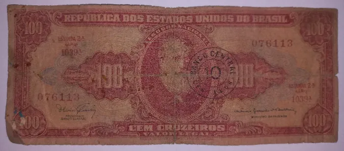 Cédula do Brasil 100 Cruzeiros com carimbo de 10 centavos 