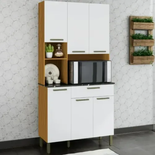 Kit cozinha compacta 6 portas 1 gaveta 100% MDF tannat gold amendoas/off white 