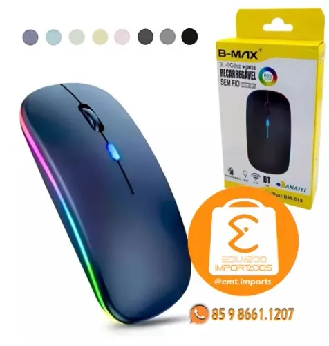 Mouse Sem Fio Recarregável 2,4G + Bluetooth 5.0 Led RGB B-MAX BM-615
