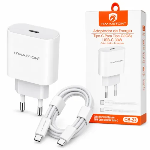 Carregador Turbo 30W Tipo-C Completo - Fonte + Cabo Reforçado - Novo 