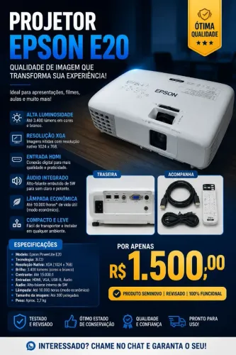 PROJETOR EPSON E20 REVISADO E 100% FUNCIONAL