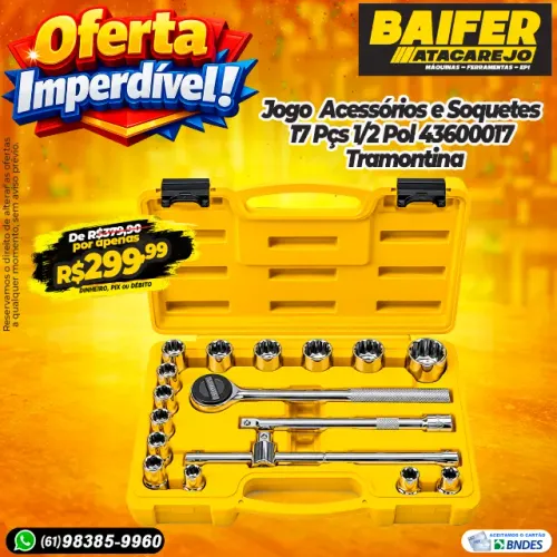 Jogo Com 17 Peças de Acessórios e Soquetes 1/2 Pol 43600017 Tramontina