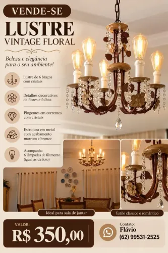 Lustre Vintage Floral 6 Braços com Cristais - Estilo Clássico/Romântico