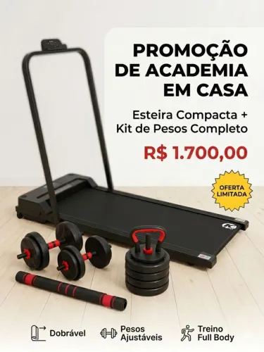 Esteira ergonômica dobrável + Kit halteres e barra 15kg
