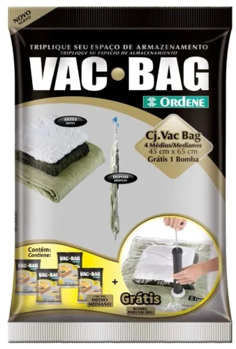 Saco a Vácuo Médio Kit 4 Unidades + Bomba Ordene para Armazenamento 45x65cm Viagem Armário