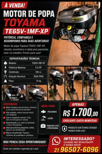 Motor de Popa - Toyama - Gasolina - 4T - TE65V1HFXP - 6,5HP