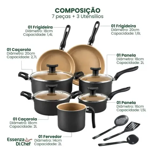 Jogo 10 itens de Panelas Essenza Di Chef Antiaderente