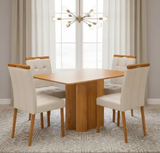 Conjunto de Jantar 4 Lugares Madeira Natural com Veludo Bege Claro