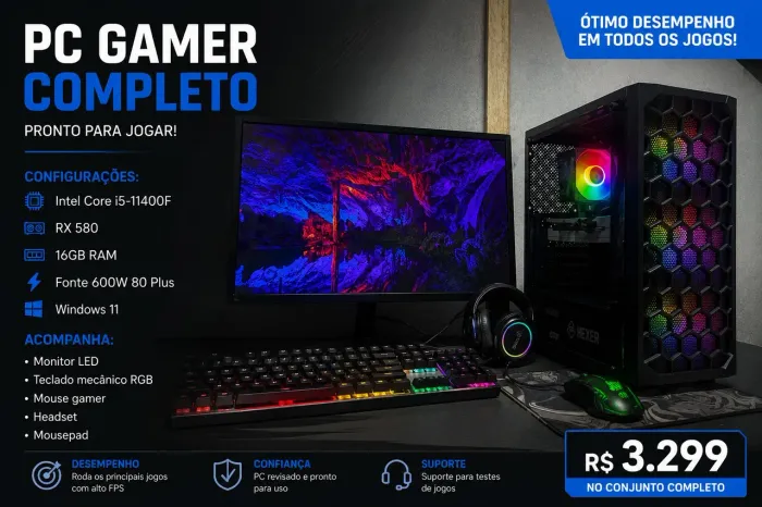PC Gamer Completo - RX 580 + i5 11400F | 16GB RAM | R$ 3.299