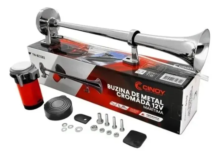Buzina Ar C/ Compressor 12v Metal Cromada Marítima Caminhão