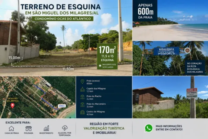 ****Baixou**** Terreno de Esquina em São Miguel dos Milagres - 170m² - 600m da Praia