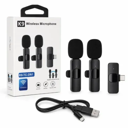 Kit Microfone de Lapela Sem Fio K9 Duplo Tipo-C para Celular