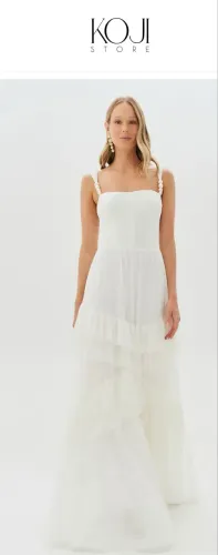 Vestido de Noiva KOJI STORE Longo Off White com Alças de Pérolas - Tamanho G