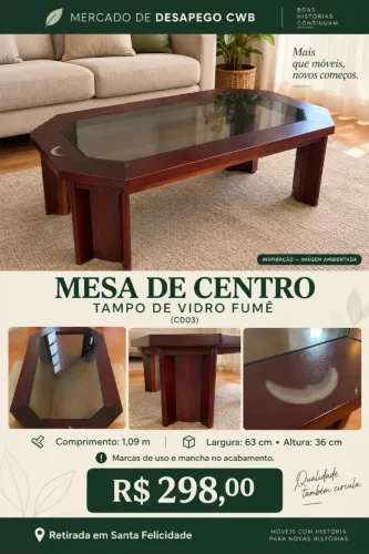MESA DE CENTRO COM TAMPO DE VIDRO FUMÊ (C003)