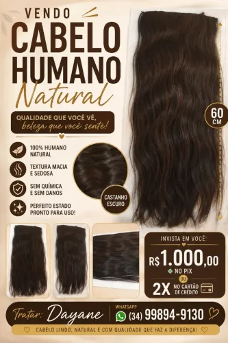 Cabelo humano natural na tela, castanho escuro.