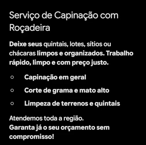 REALIZO SERVIÇO DE CAPINAGEM COM PREÇO JUSTO E QUALIDADE NO SERVIÇO. 